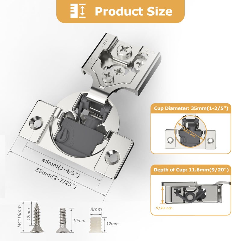 Furniware 50 Pack 25 Pairs 3/8 inch Overlay Soft Close Hinges for Kitchen Cabinet Hinges 4 Way Adjust Soft Closing Face Frame Cabinet Hinges  105 Open Concealed Self Closing Hinges Brushed Nickel - Image 4